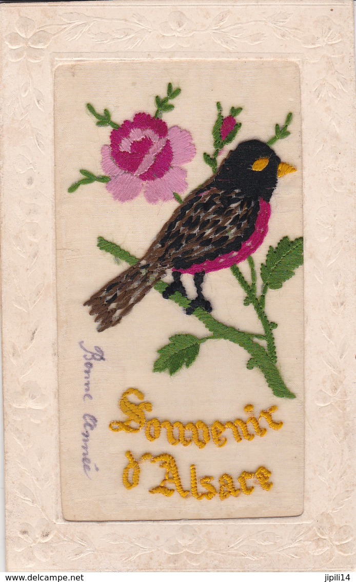 CARTE BRODEE SUR SOIE DECOR OISEAU ET FLEURS SOUVENIR D'ALSACE - Embroidered