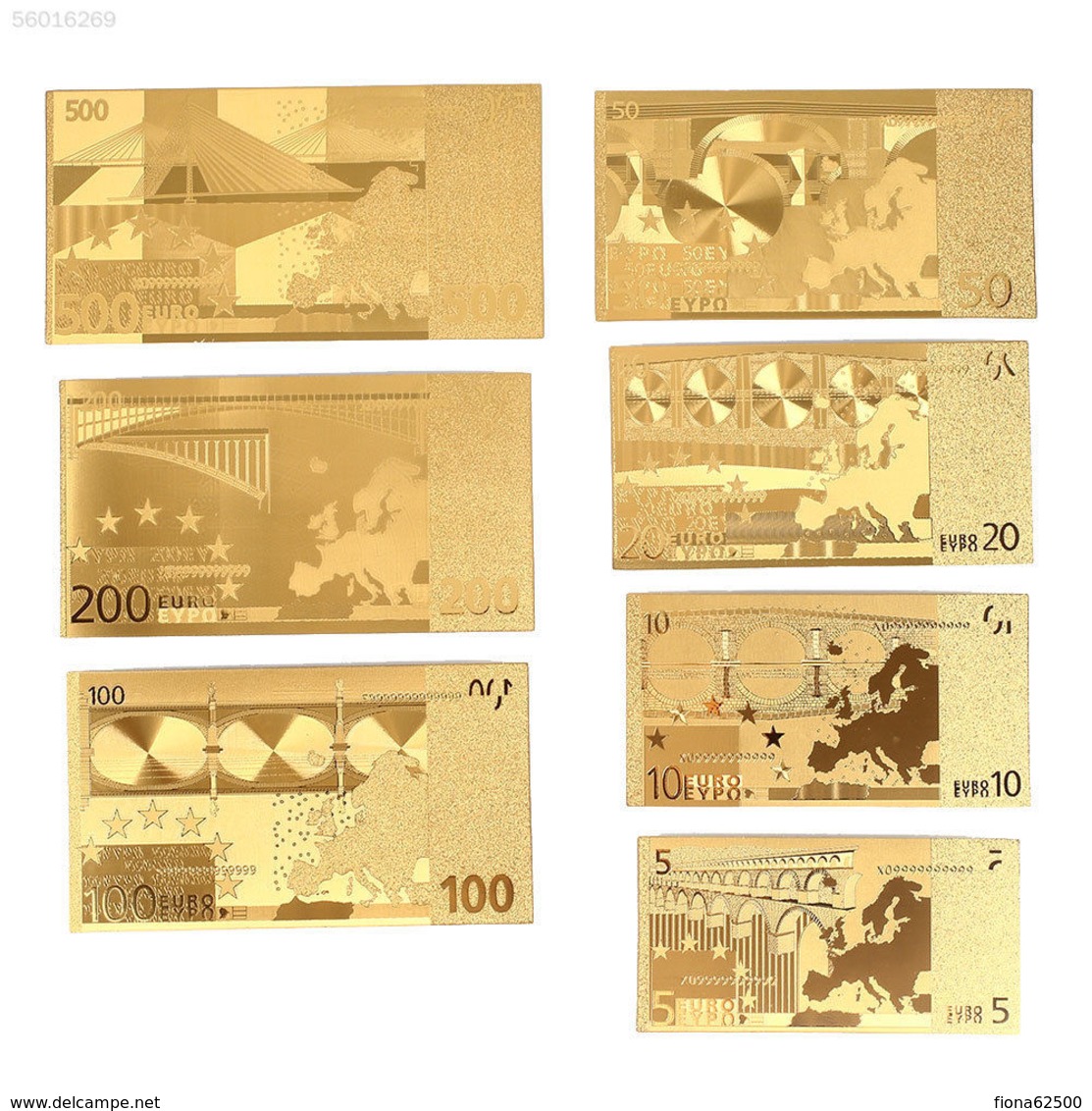 LOT DE 7 BILLETS PLAQUES COULEURS OR .( 5€ .10€ .20€ . 50€ . 100€ . 200€ . 500€ .) - Fictifs & Spécimens