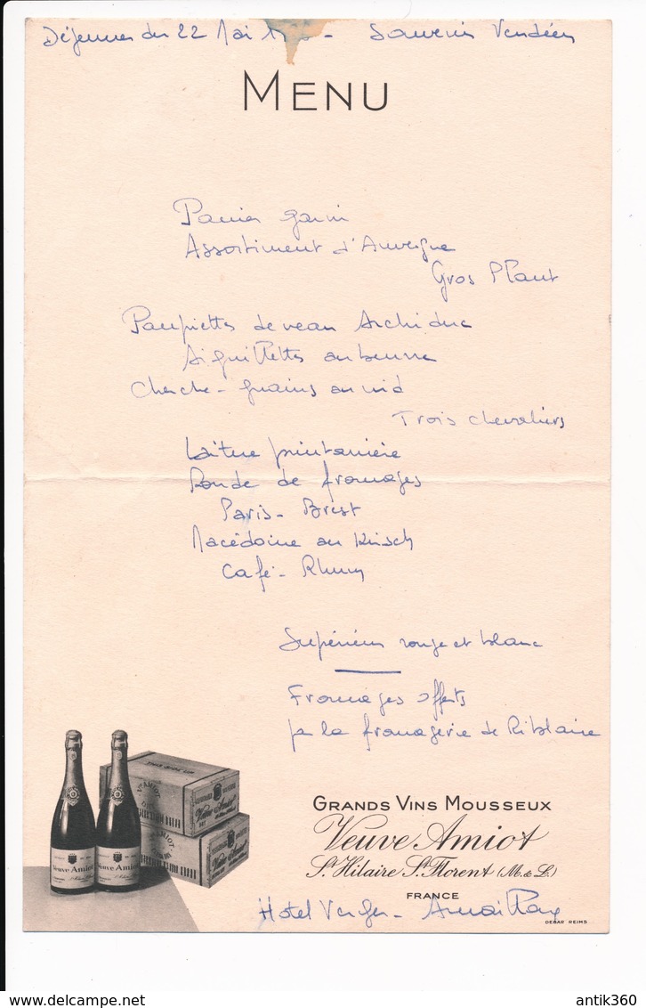 Ancien Menu Repas Du Souvenir Vendéen 22 Mai 1936 Vin Mousseux Veuve Amiot - Menus