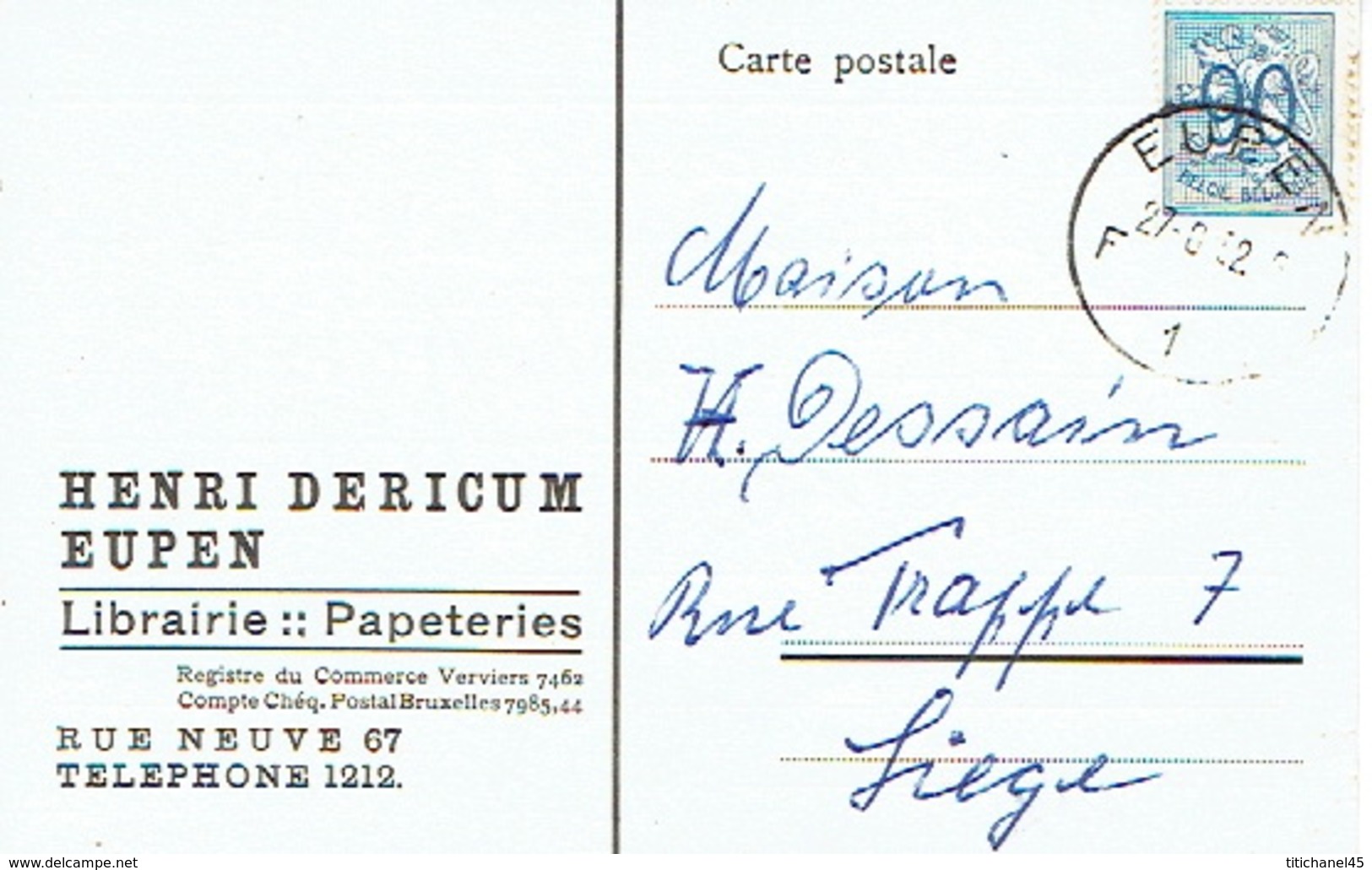 CP Publicitaire EUPEN  1952 - HENRI DERICUM - Librairie - Papeterie - Eupen