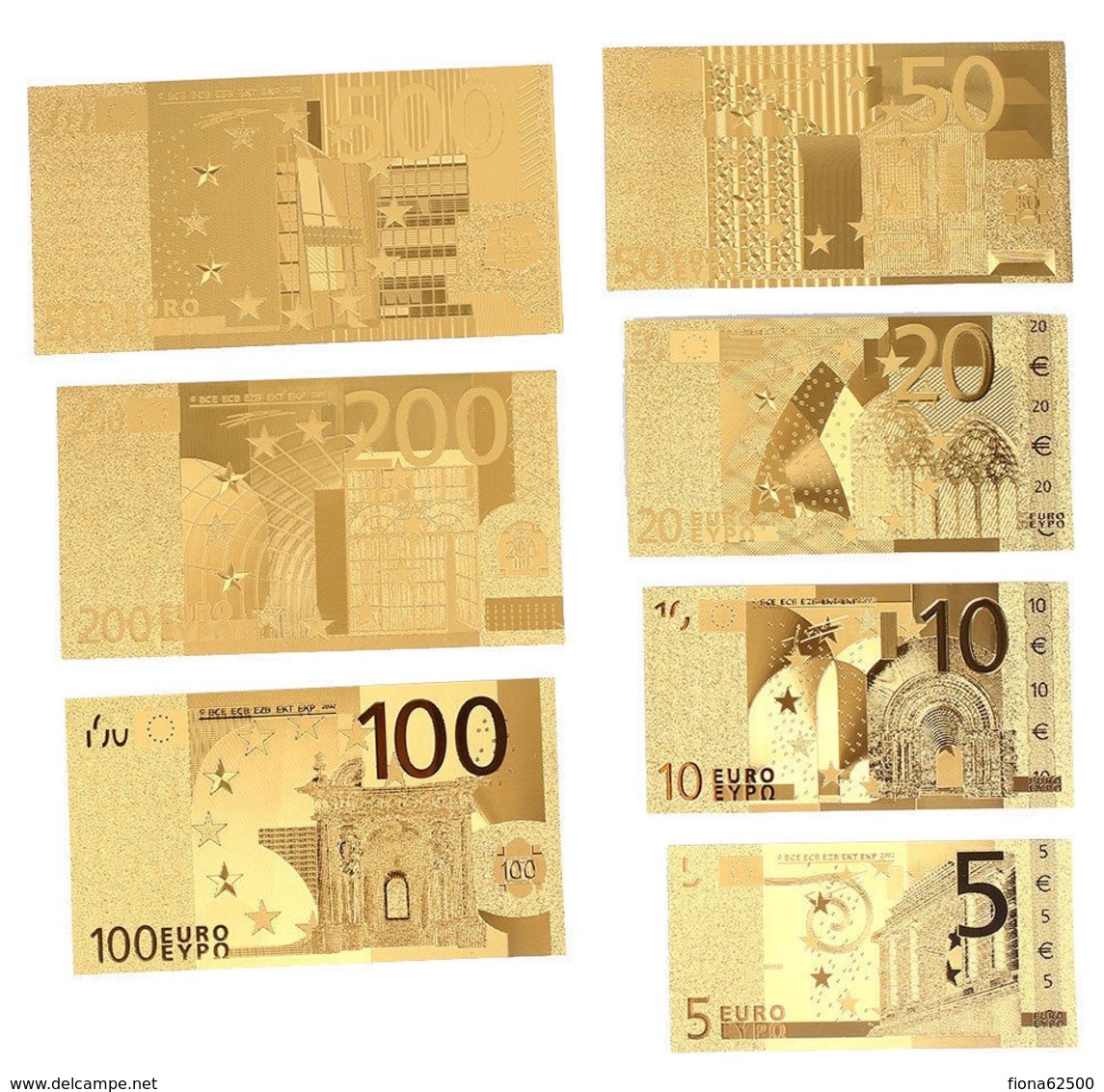 LOT DE 7 BILLETS PLAQUES COULEURS OR .( 5€ .10€ .20€ . 50€ . 100€ . 200€ . 500€ .) - Fictifs & Spécimens