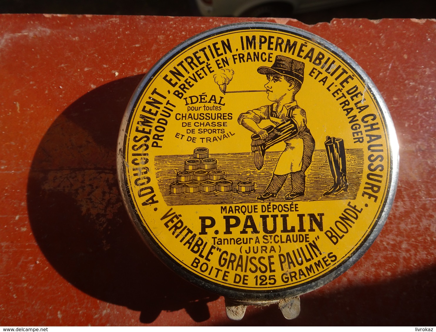 Publicité Boîte Ancienne En Métal "VÉRITABLE GRAISSE PAULIN" 125 Grammes, Saint-Claude Jura, Chaussures, Parfait état - Boîtes