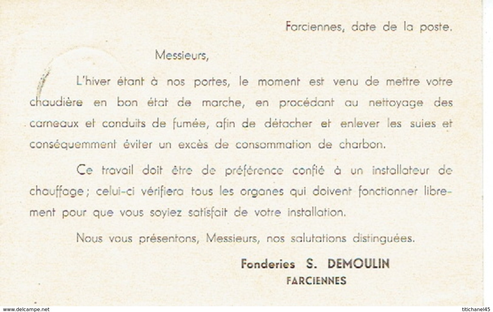 CP Publicitaire FARCIENNES 1940 - S. DEMOULIN - Fonderie De Fer - Fabrication Des Chaudières-gazogènes RAINCHON - Farciennes