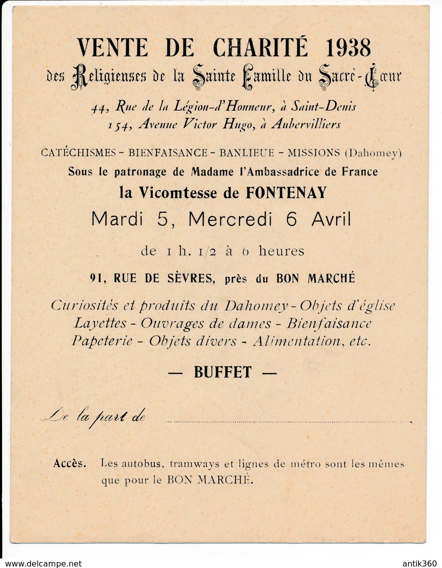 Ancienne Invitation Vente De Charité Religieuses De La Ste Famille Du Sacré-Coeur Saint Denis Aubervilliers Vicomtesse - Eintrittskarten