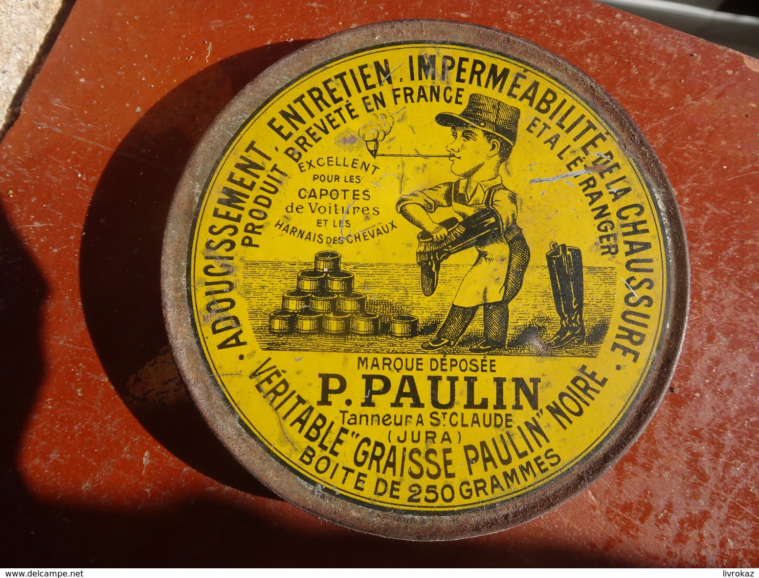 Publicité Boîte Ancienne En Métal "VÉRITABLE GRAISSE PAULIN" 250 Grammes, Pour Capotes Voitures Et Harnais De Chevaux - Boîtes