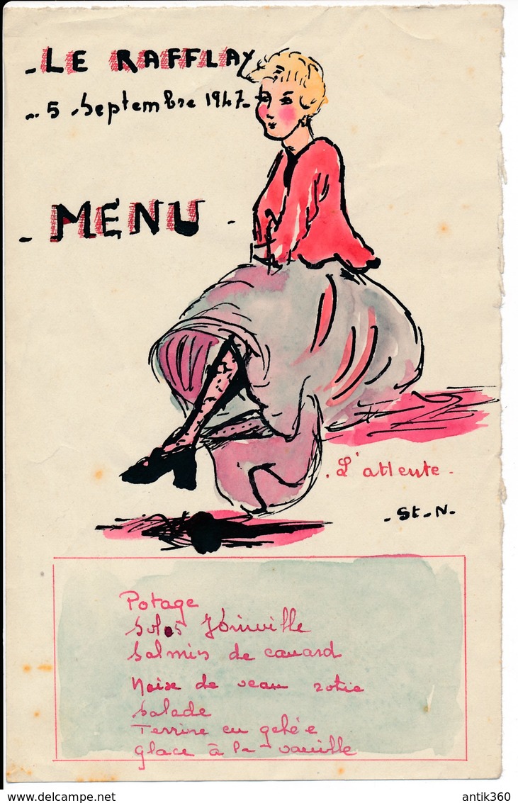 Ancien Menu Petite Aquarelle Originale Le Rafflay 5 Septembre 1947 44 Château-Thébaud 44 - Menus