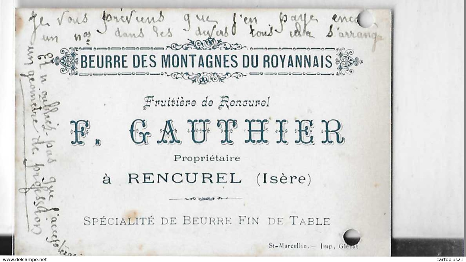 RENCUREL  F. GAUTHIER   FRUITIERE CARTON PUBLICITAIRE    DEPT 38 - Autres & Non Classés