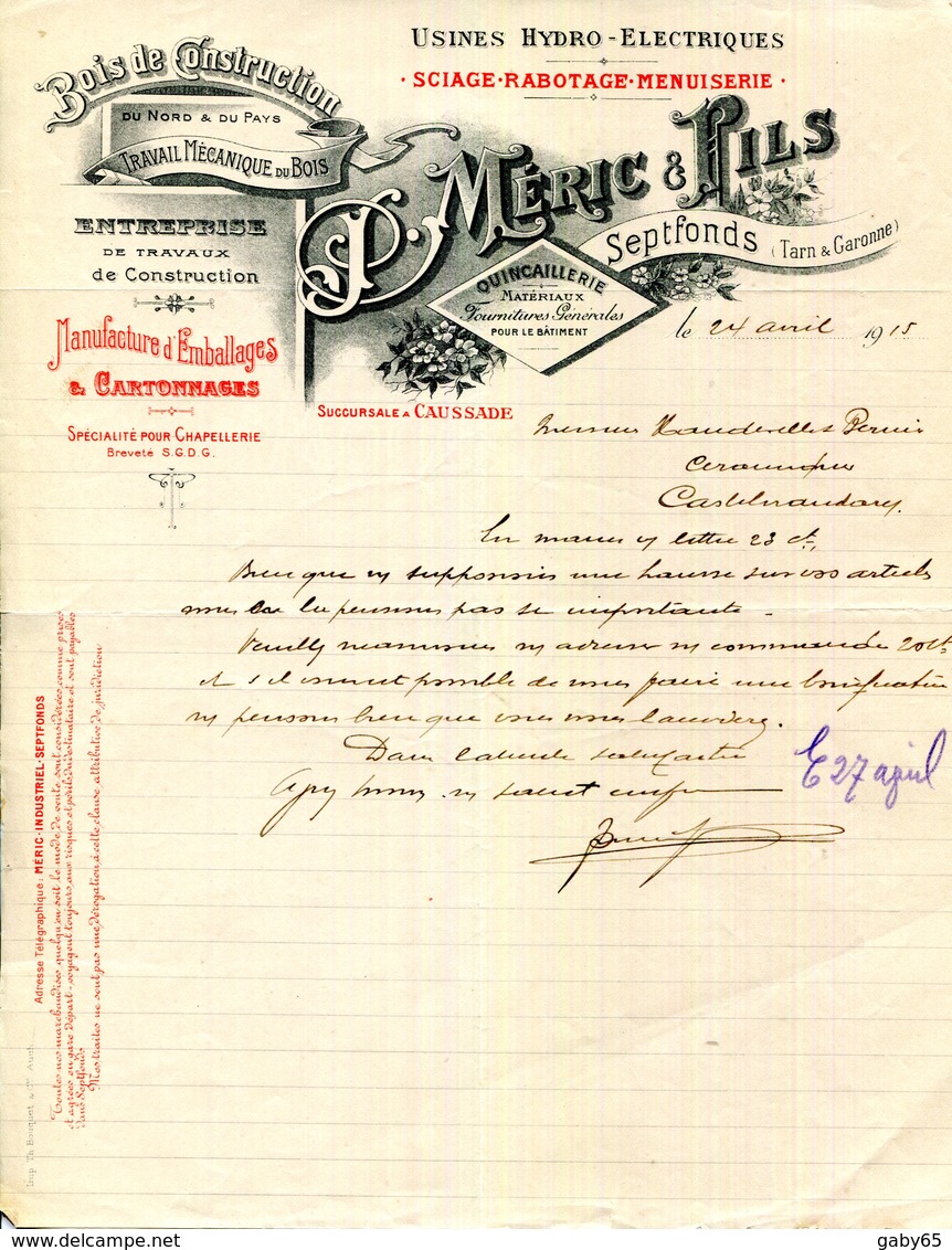 82.SEPTFONDS.SCIAGE.RABOTAGE.MANUFACTURE D'EMBALLAGE.BOIS DE CONSTRUCTION.J.MERIC FILS SUCCURSALE A CAUSSADE. - Autres & Non Classés