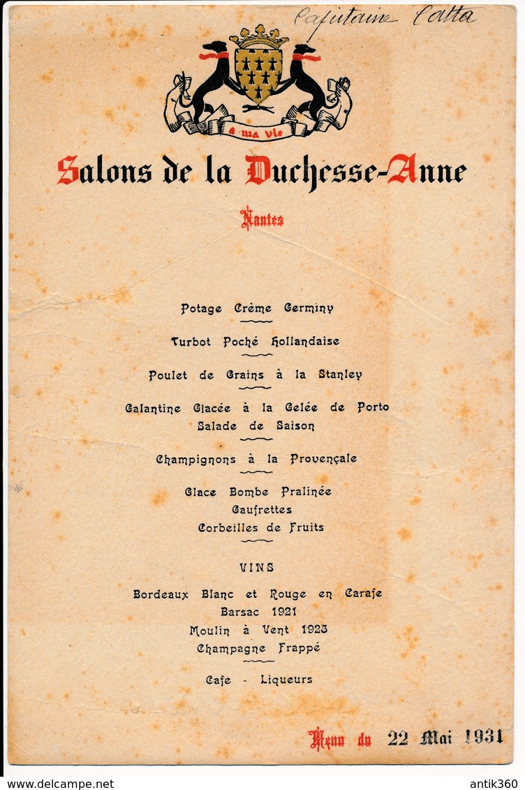 Ancien Menu Salons De La Duchesse Anne 44 Nantes 22 Mai 1931 Réunion D'anciens Du Souvenir Vendéen Nombreuses Signatures - Menus