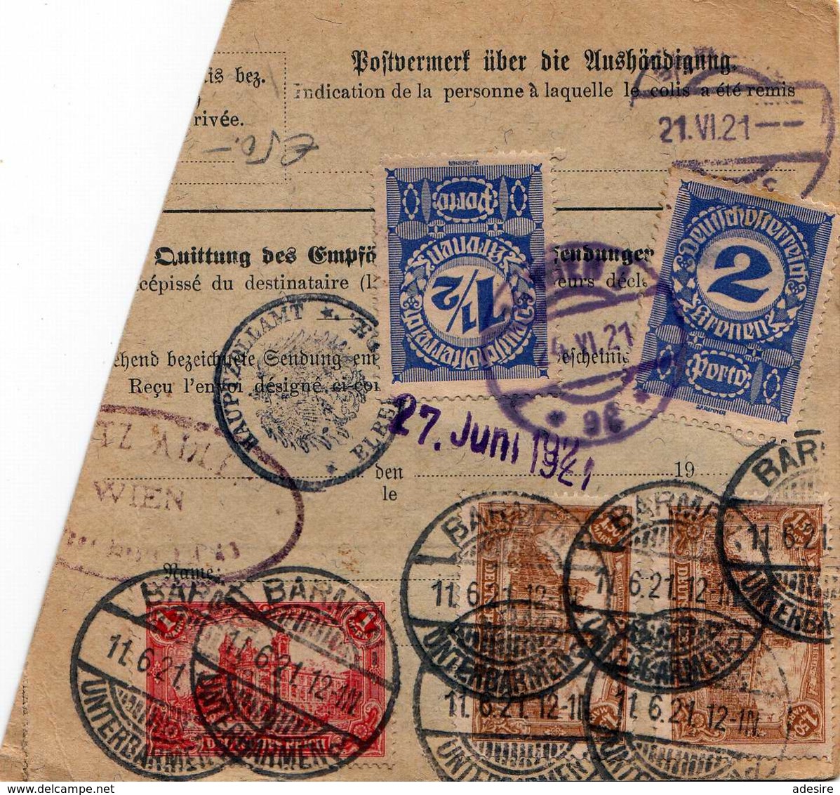 * Österreich Nachporto 1921 - 2,5 + 2 Gro Nachporto (Ank85+86) Auf Paketkarte M.1 + 2 X 1,5 + 2 X 4 M (Ank2x114+139+2x14 - Briefe U. Dokumente
