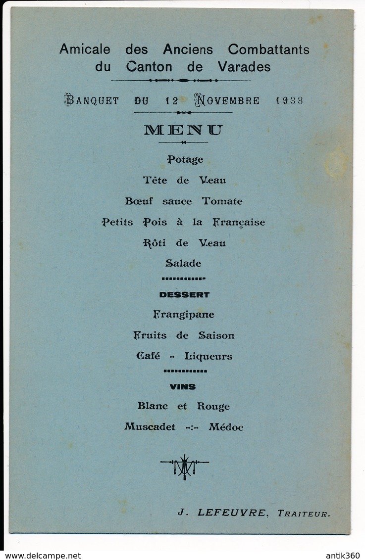 Ancien Menu Amicale Des Anciens Combattants Du Canton De Varades Banquet Du 12 Novembre 1933 - Menú