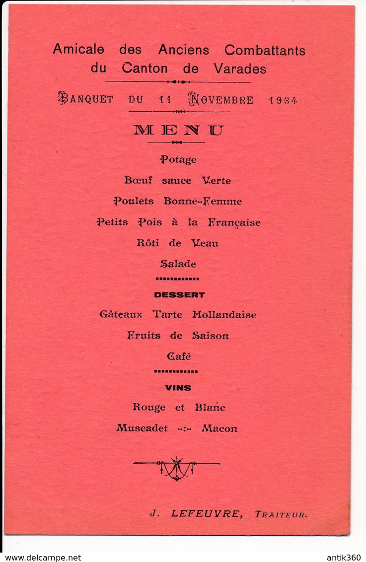 Ancien Menu Amicale Des Anciens Combattants Du Canton De Varades Banquet Du 11 Novembre 1934 - Menükarten