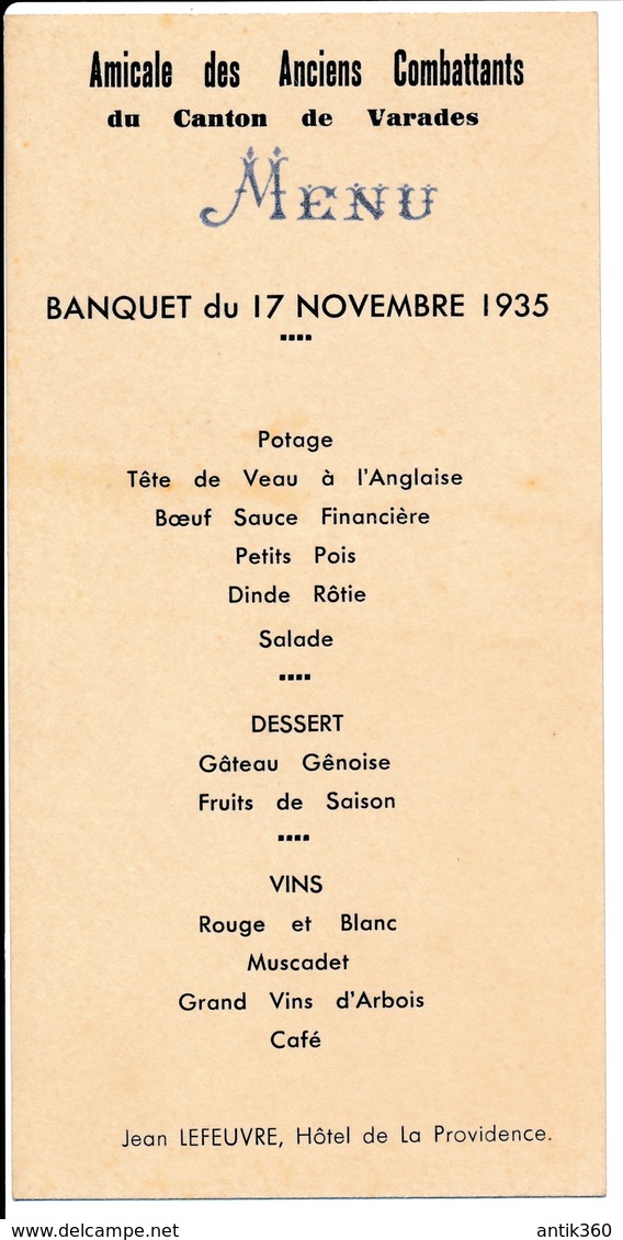 Ancien Menu Amicale Des Anciens Combattants Du Canton De Varades Banquet Du 17 Novembre 1935 - Menus