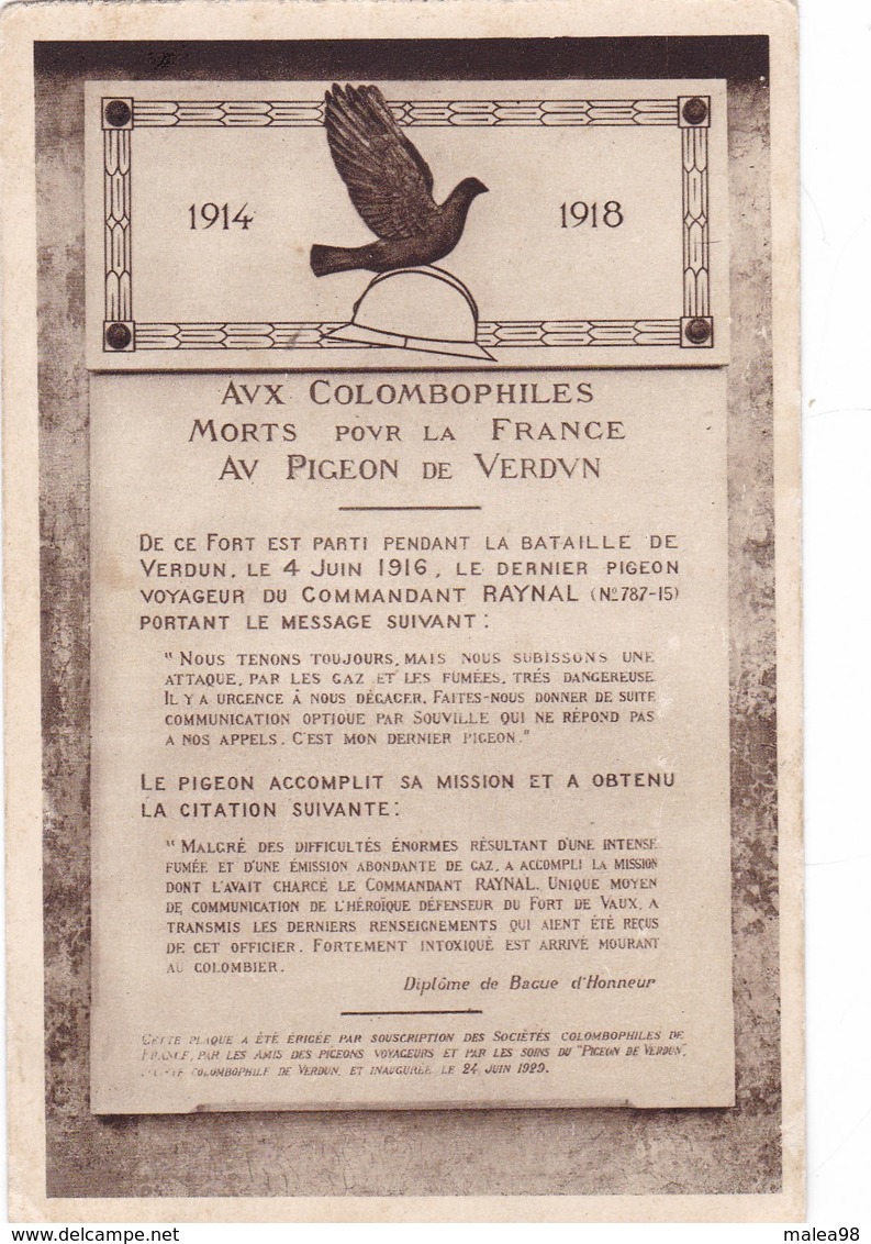 1914 /  1918,,,,AUX COLOMBOPHILES MORTS  Pour La FRANCE   AV  PIGEON  De  VERDUN,,,,VOYAGE,,, - Guerra 1914-18