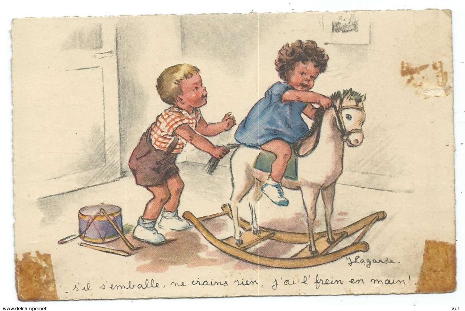 DESSIN, ILLUSTRATION JEANNE LAGARDE, ENFANTS, CHEVAL A BASCULE, S'IL S'EMBALLE, NE CRAINS RIEN, J'AI L'FREIN EN MAIN - Sonstige & Ohne Zuordnung