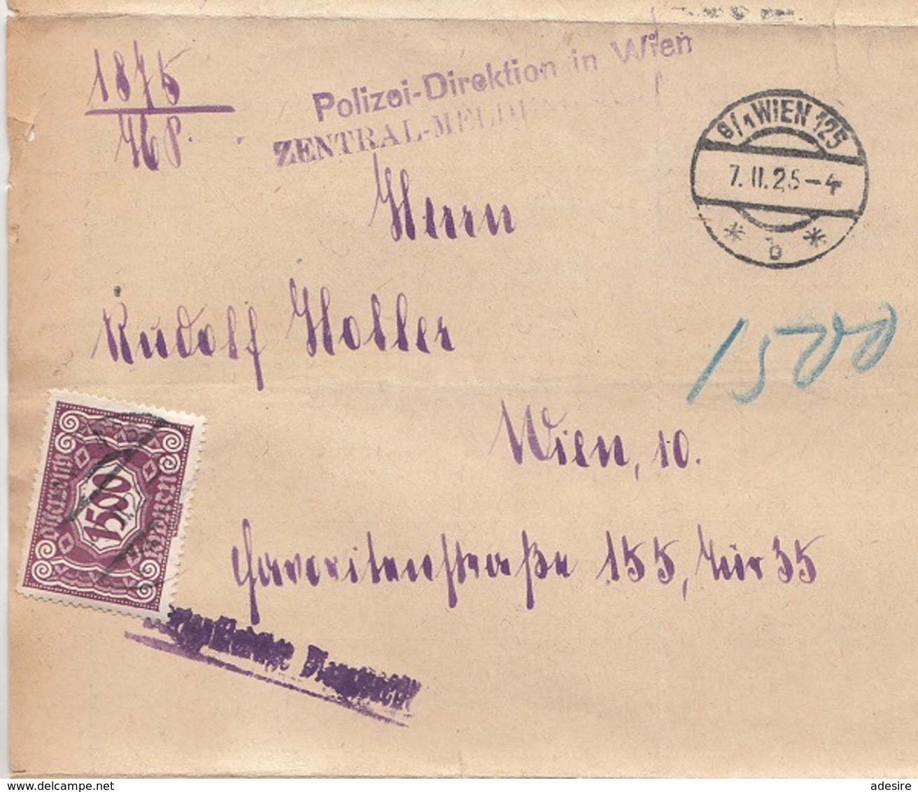 ÖSTERREICH NACHPORTO 1925 - 1500 Kronen (Ank126) Nachporto Auf Falt-Brief Gel.Wien - Portomarken