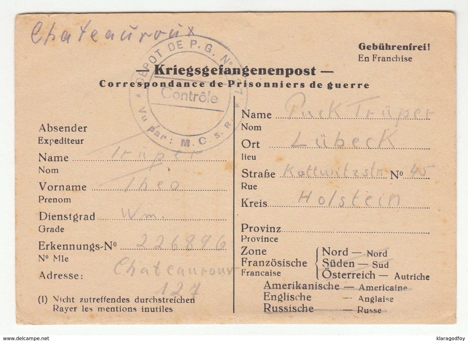 France Depot De PG Censored POW Kriegsgefangenepost Postal Card Travelled 1946 Chateauroux To Lübeck Germany B181101 - Guerra Del 1939-45