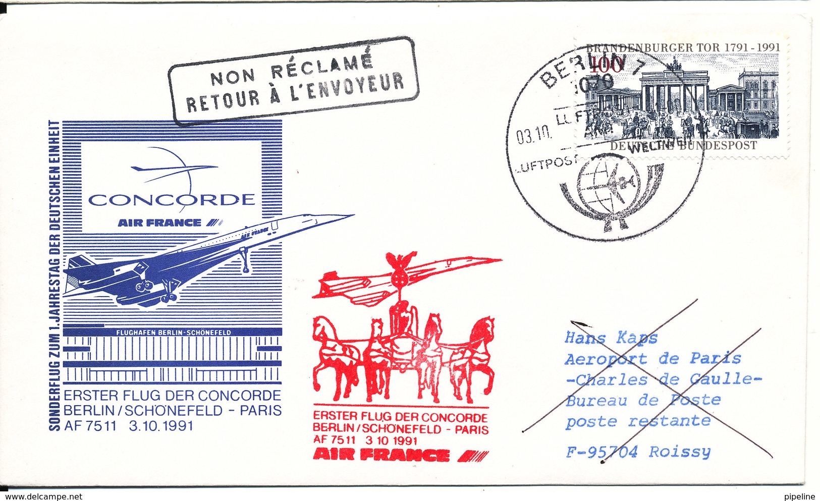 Germany First Concorde Flight Cover Air France Berlin - Paris 3-10-1991 - Covers & Documents