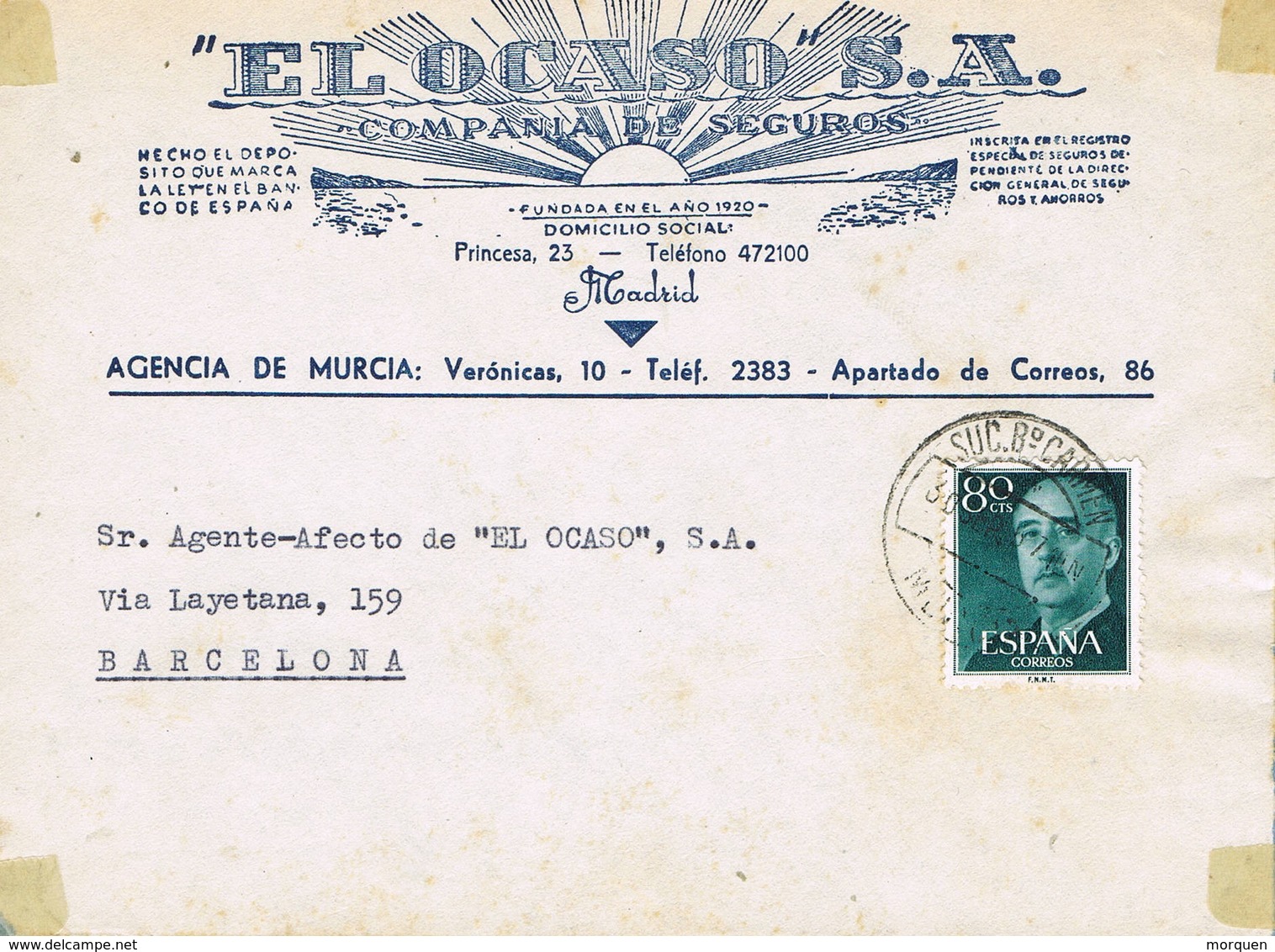 30359. Frontal Comercial BARRIO Del CARMEN (Murcia) 1957. Seguros OCASO - Cartas & Documentos