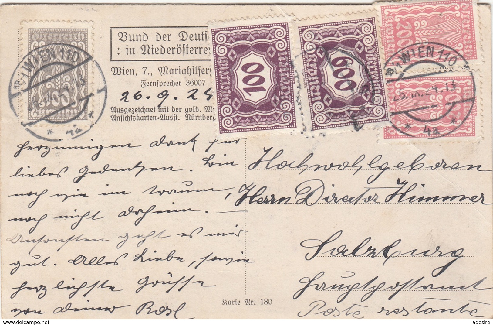 ÖSTERREICH NACHPORTO 1924 - 100 + 600 Kronen Nachporto + 100 + 200 + 200 Kronen Auf SV-Karte Nr.180, Bund Der Deu ... - Briefe U. Dokumente