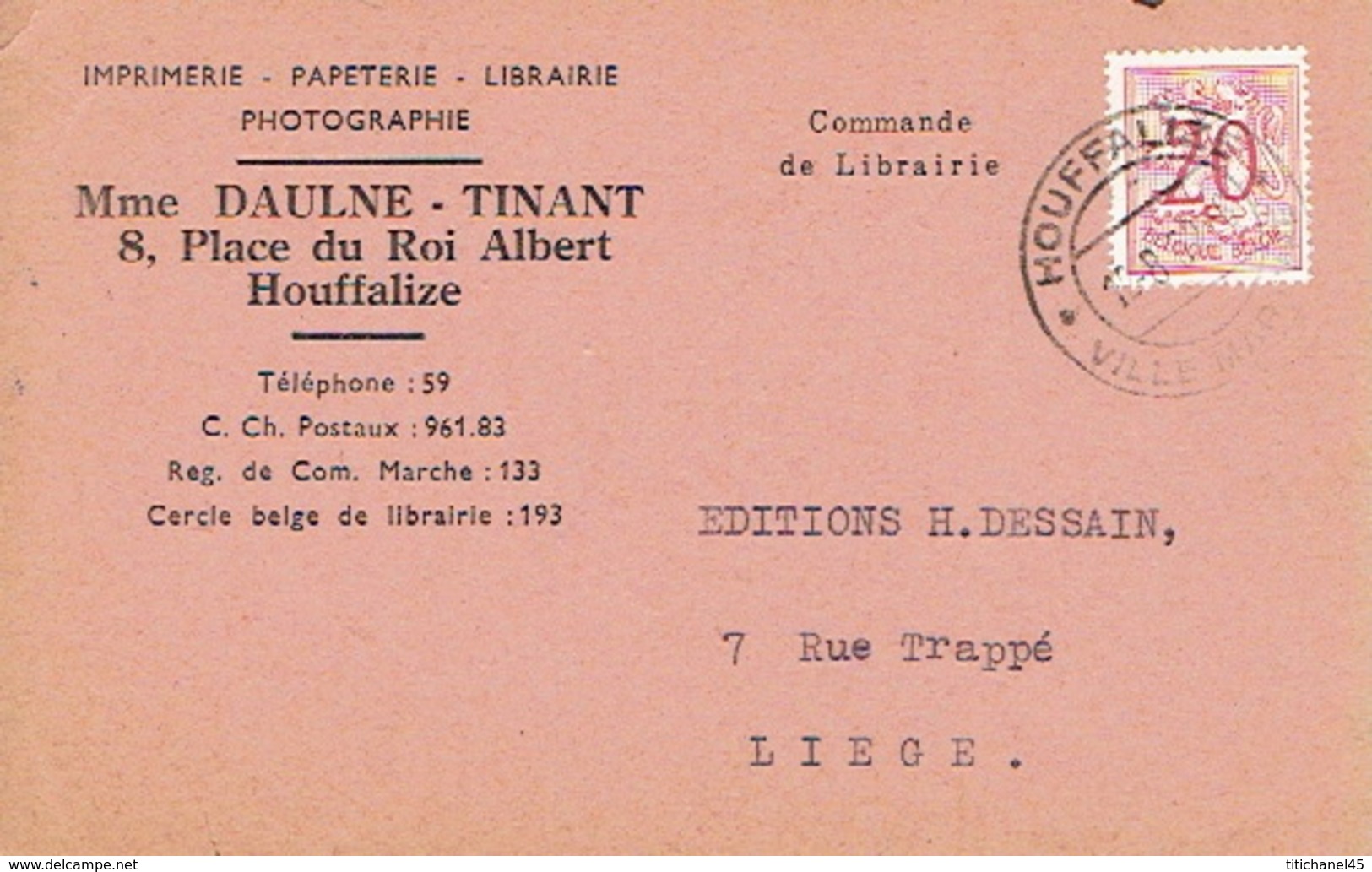 CP Publicitaire HOUFFALIZE 1952 - Mme DAULNE - TINANT- Imprimerie-Librairie-Papeterie - Houffalize