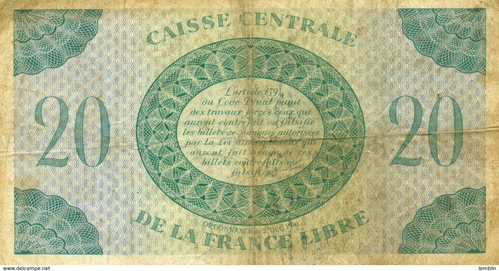 20 FRANCS AFRIQUE EQUATORIALE FRANCAISE 1941 - Autres - Afrique