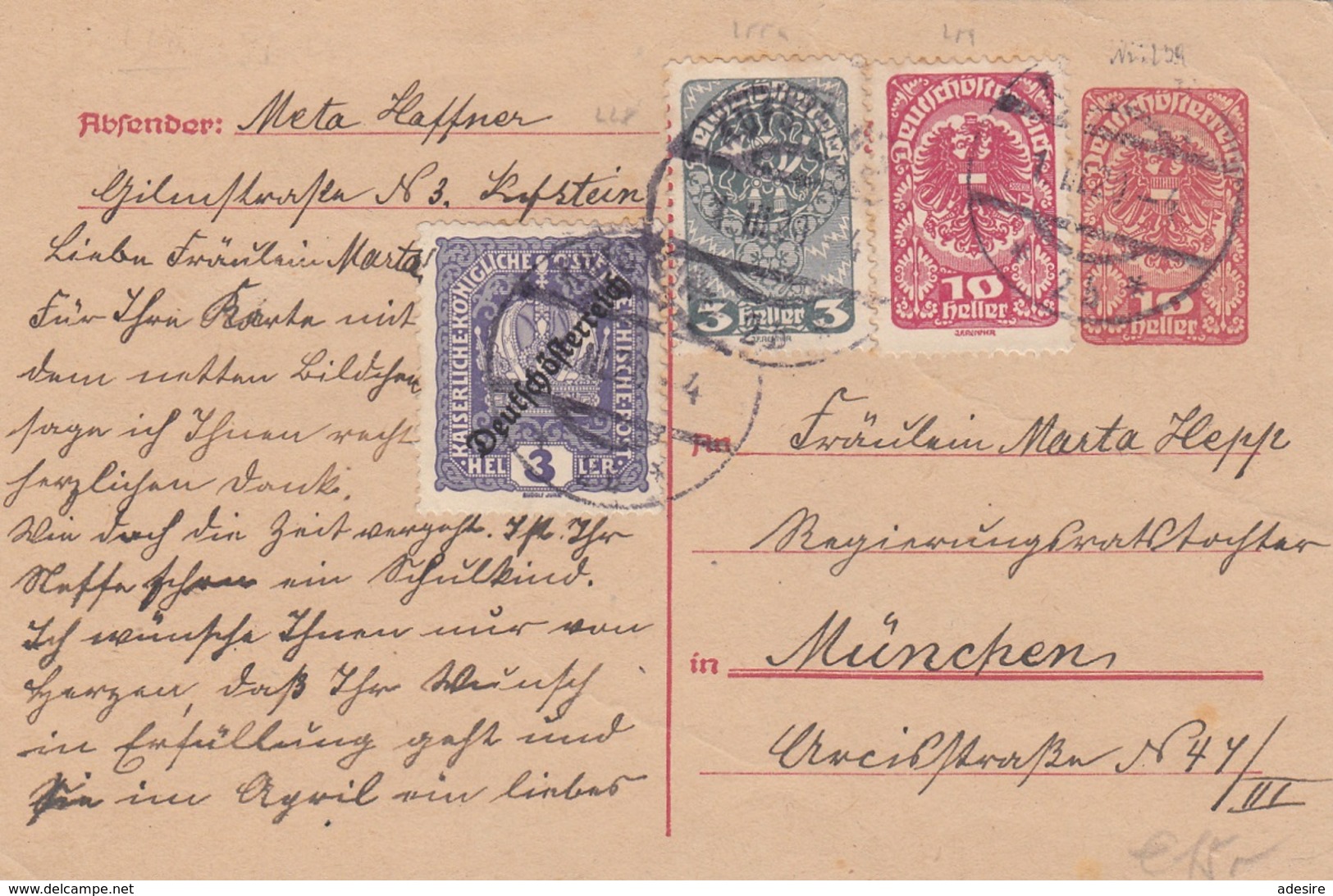 ÖSTERREICH 1920 - 10 Heller Ganzsache Mit 3 + 3 + 10 Heller Zusatzfrankierung Auf Pk Gel.v. Kufstein > München - Briefe U. Dokumente