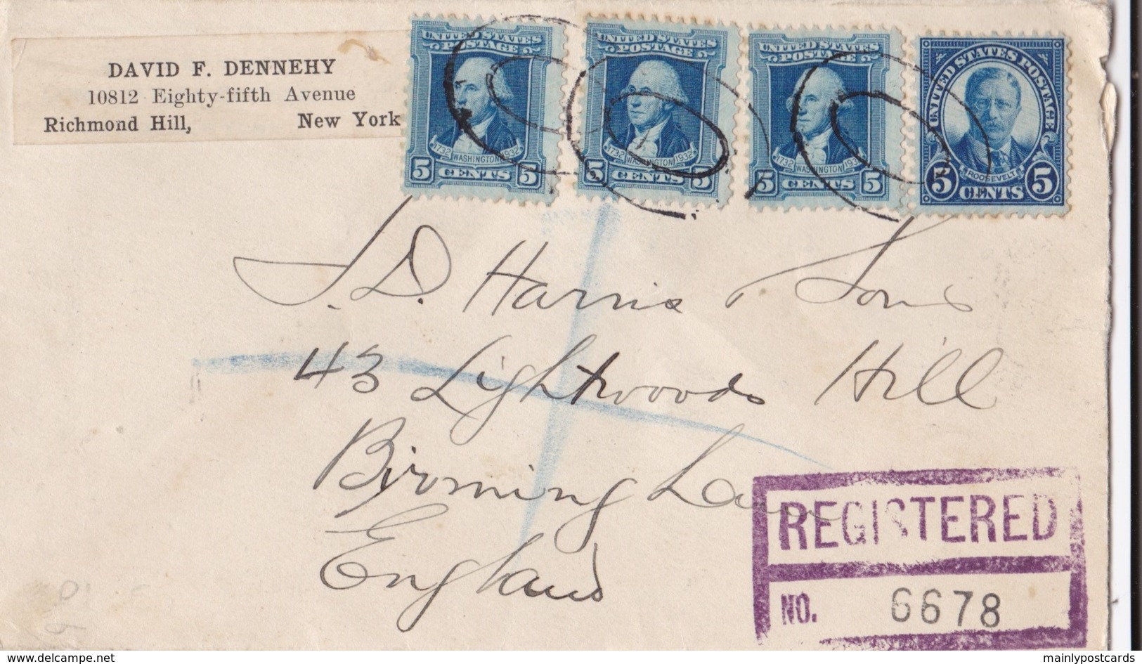 AL32 1932 Registered Letter From New York To Birmingham, UK - Multiple Postmarks On Reverse - Covers & Documents