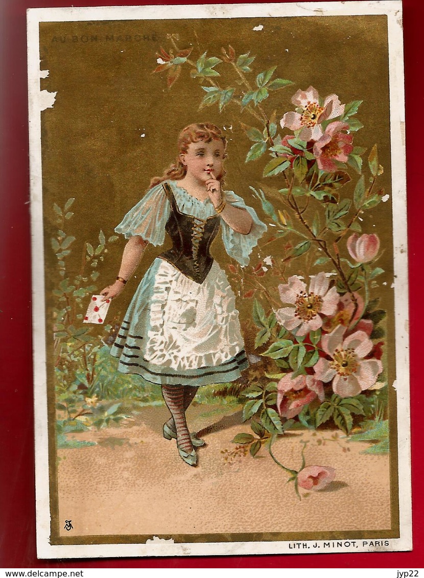 Chromo Au Bon Marché Boucicaut Paris - Fillette Fleurs Costume ... - Litho Minot - Au Bon Marché