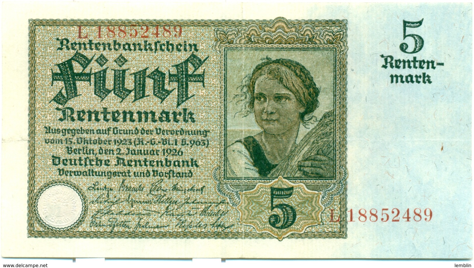 5 RENTENMARKS 1926 - 5 Rentenmark