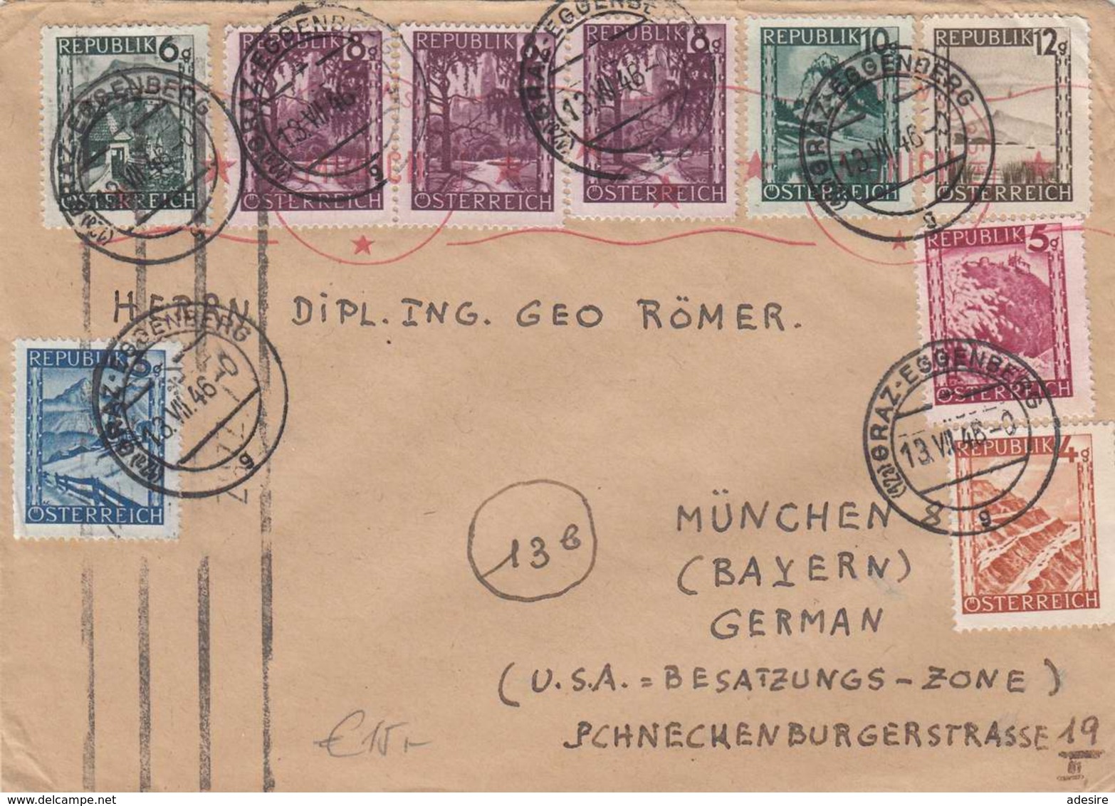 ÖSTERREICH 1946 - 9 Fach Frankierung Auf Brief Gel.v. Graz-Eggenberg (Englische Besatzungszone) > München - Briefe U. Dokumente