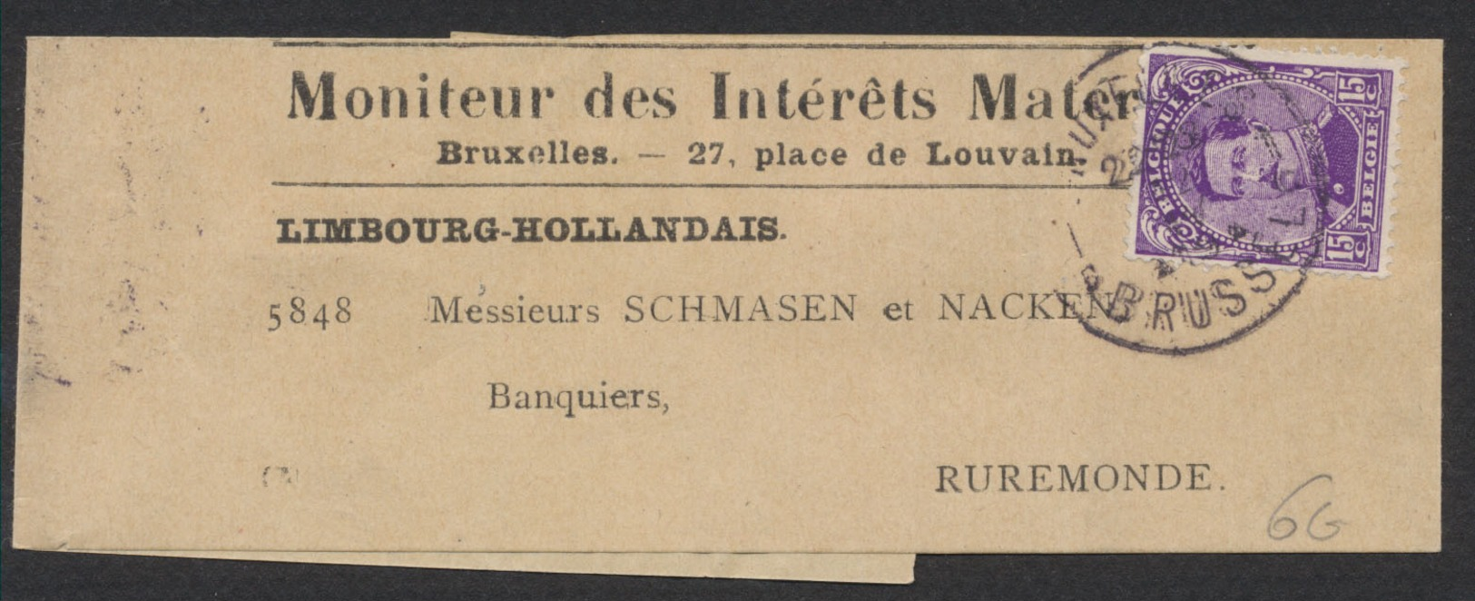 N°139 Sur Bande Journal "Moniteur Des Intérêts Mater..." De Bruxelles Vers Ruremonde (Limbourg Hollandais). - 1915-1920 Albert I