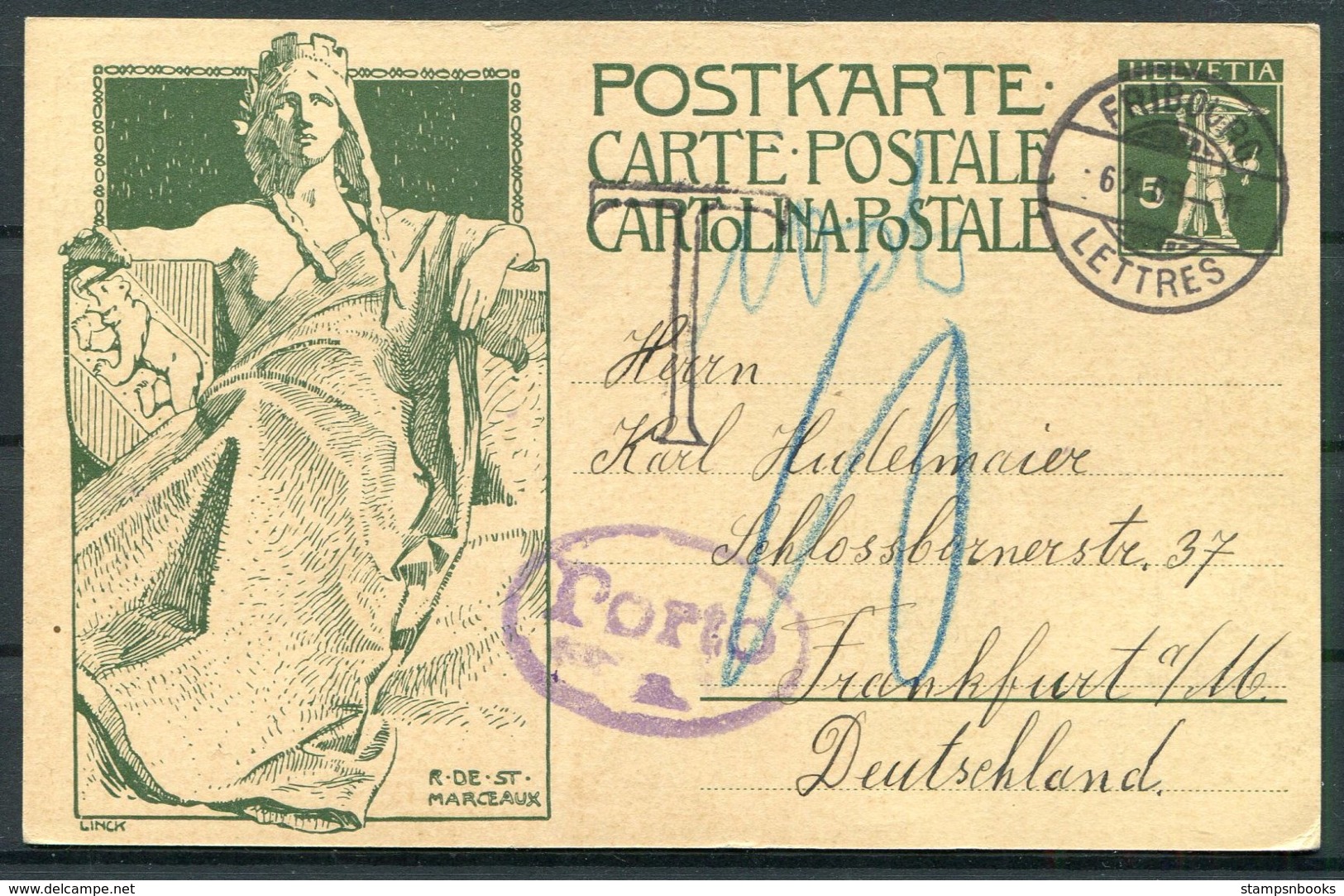 1909 Switzerland UPU Stationery Postcard Fribourg - Frankfurt Germany. Taxe Porto, Postage Due - Covers & Documents