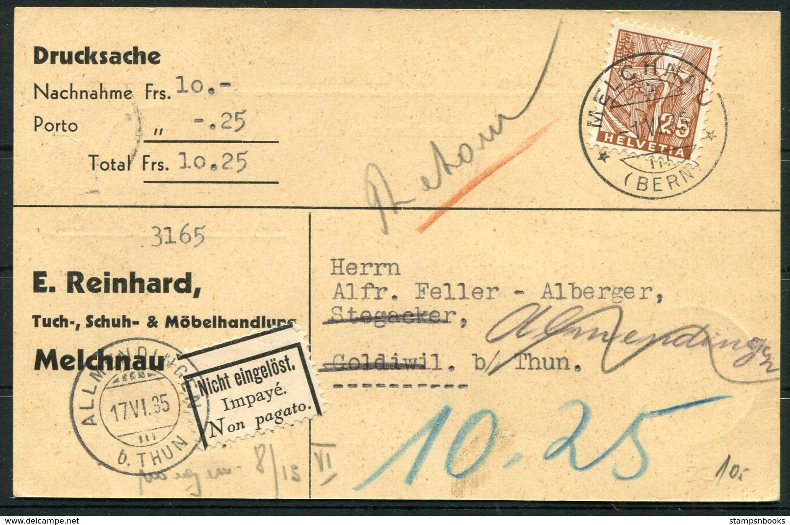 1935 Switzerland Drucksache Nachnahme Porto Postcard. Reinhard Melchnau - Goldiwil Allmendingen Redirected Retour - Covers & Documents