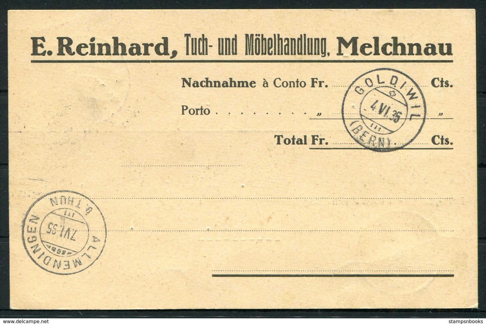 1935 Switzerland Drucksache Nachnahme Porto Postcard. Reinhard Melchnau - Goldiwil Allmendingen Redirected Retour - Lettres & Documents