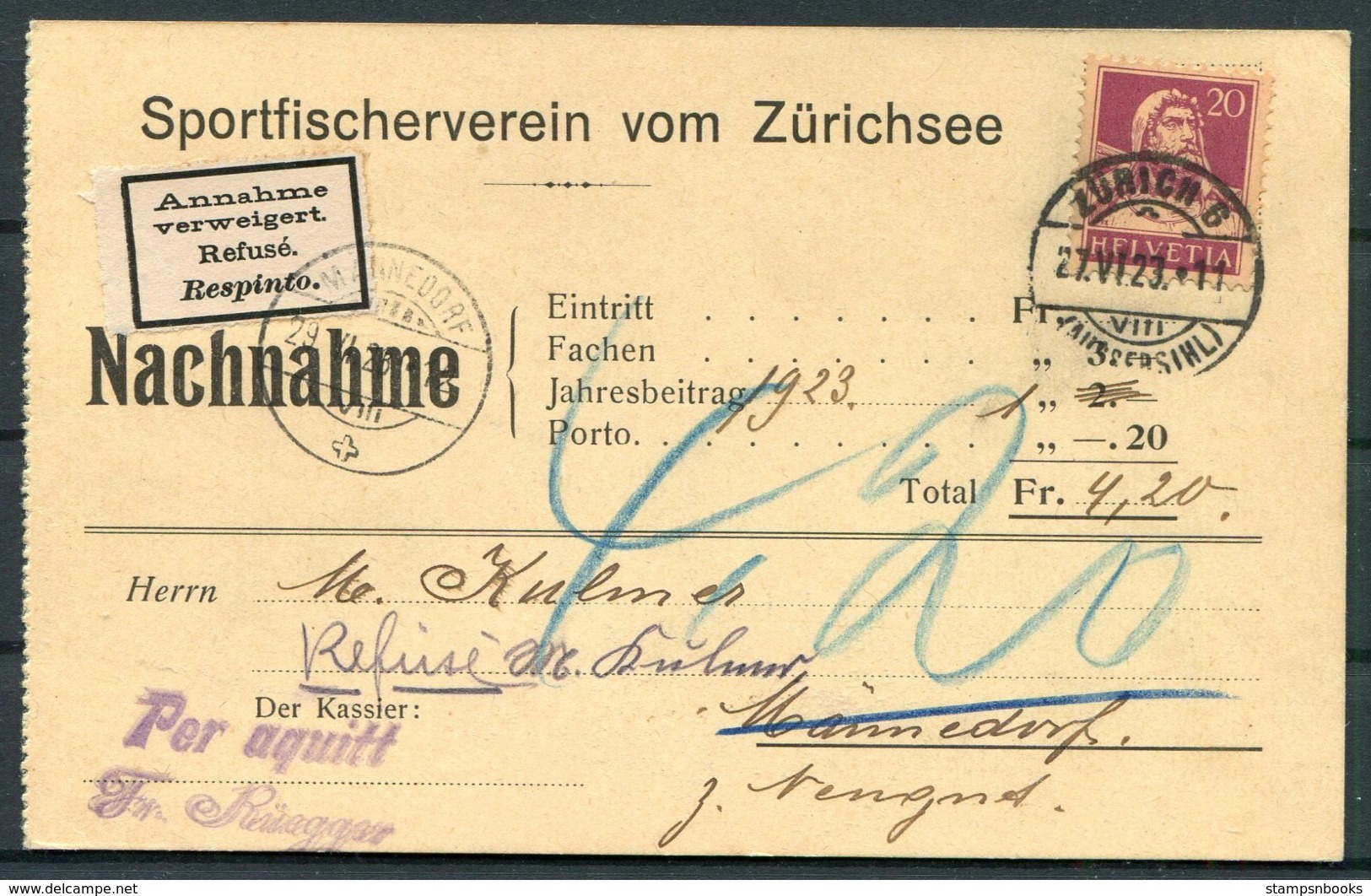 1923 Switzerland Nachnahme Postcard. Sportfischerverein Vom Zurich - Mannedorf. Annahme Refuse Respinto Retour - Lettres & Documents