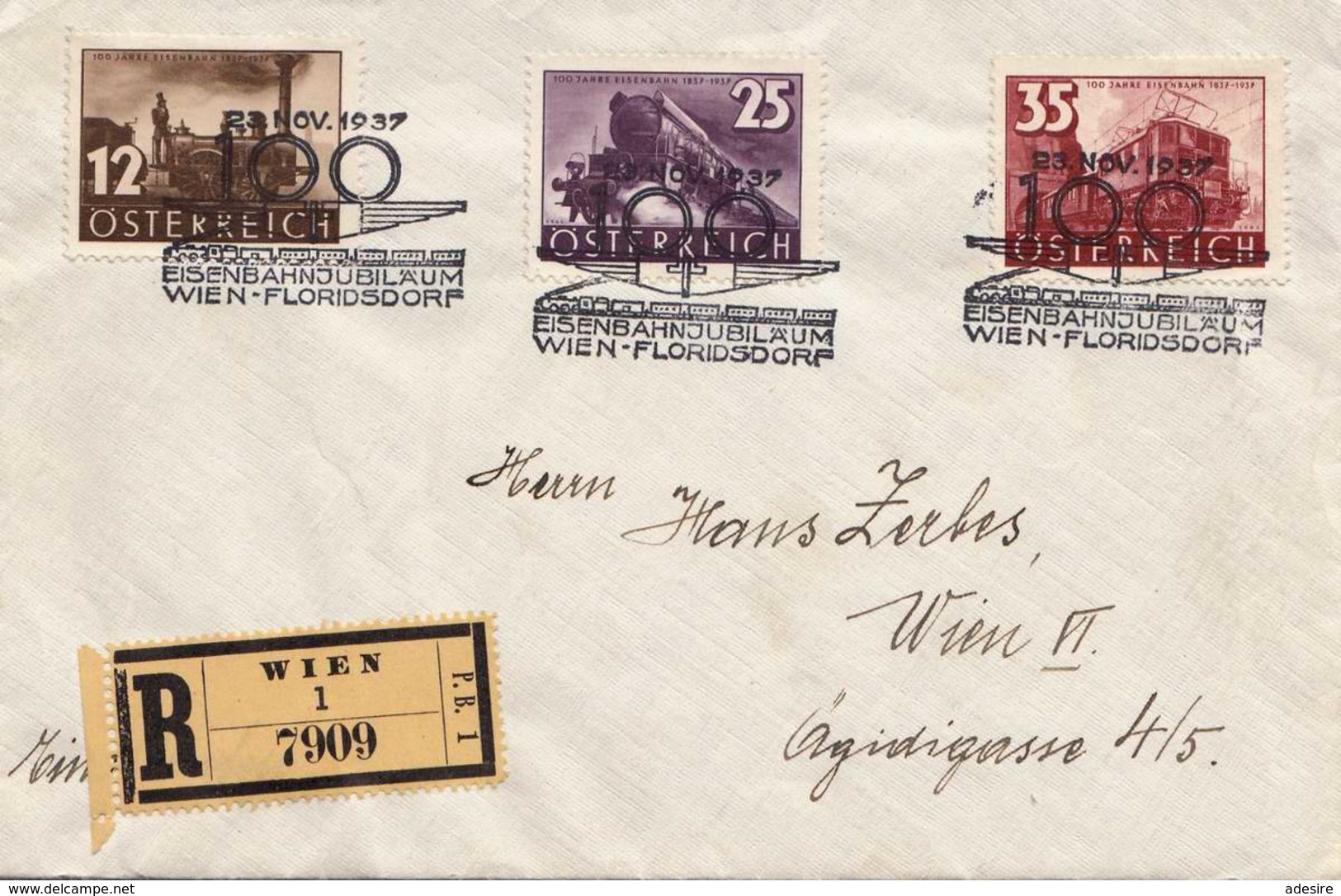 ÖSTERREICH 1937 - 12 + 25 + 35 Gro Frank.auf R-Brief (Eisenbahnjubiläum Wien-Floridsdorf), 3 Sonderstempel - Briefe U. Dokumente