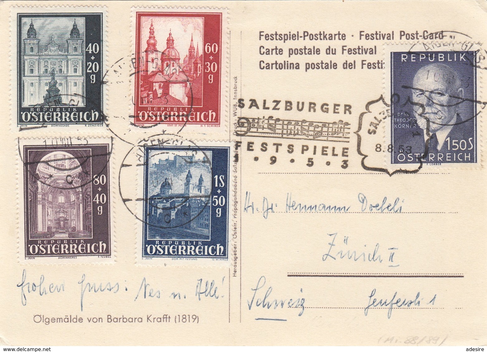 ÖSTERREICH 1948 - 5 Fach Frankierung (Ank933+935+936+937+995) Auf Ak W.A.Mozart, Gel.1953 - Briefe U. Dokumente