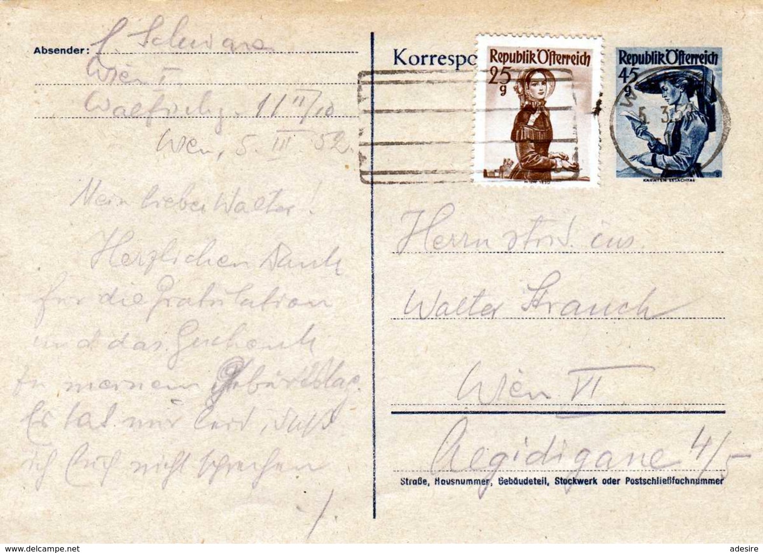 ÖSTERREICH 1952 - Trachten 45 Gro Ganzsache + 25 Gro Zusatzfrankierung Auf Pk Gel.1952 - Briefe U. Dokumente