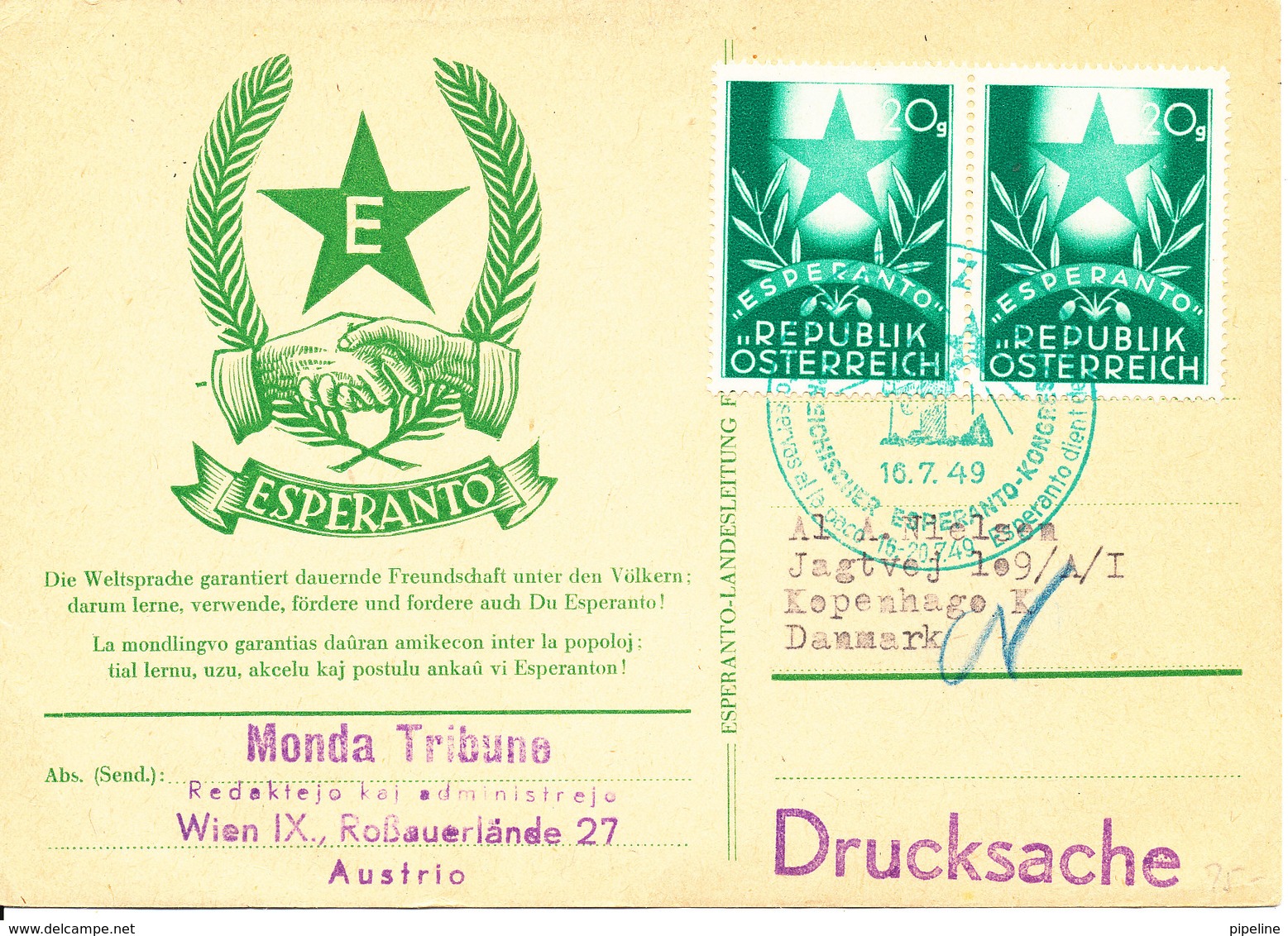 Austria Card ESPERANTO Stamps And Cachet Sent To Denmark 16-7-1949 - Esperanto