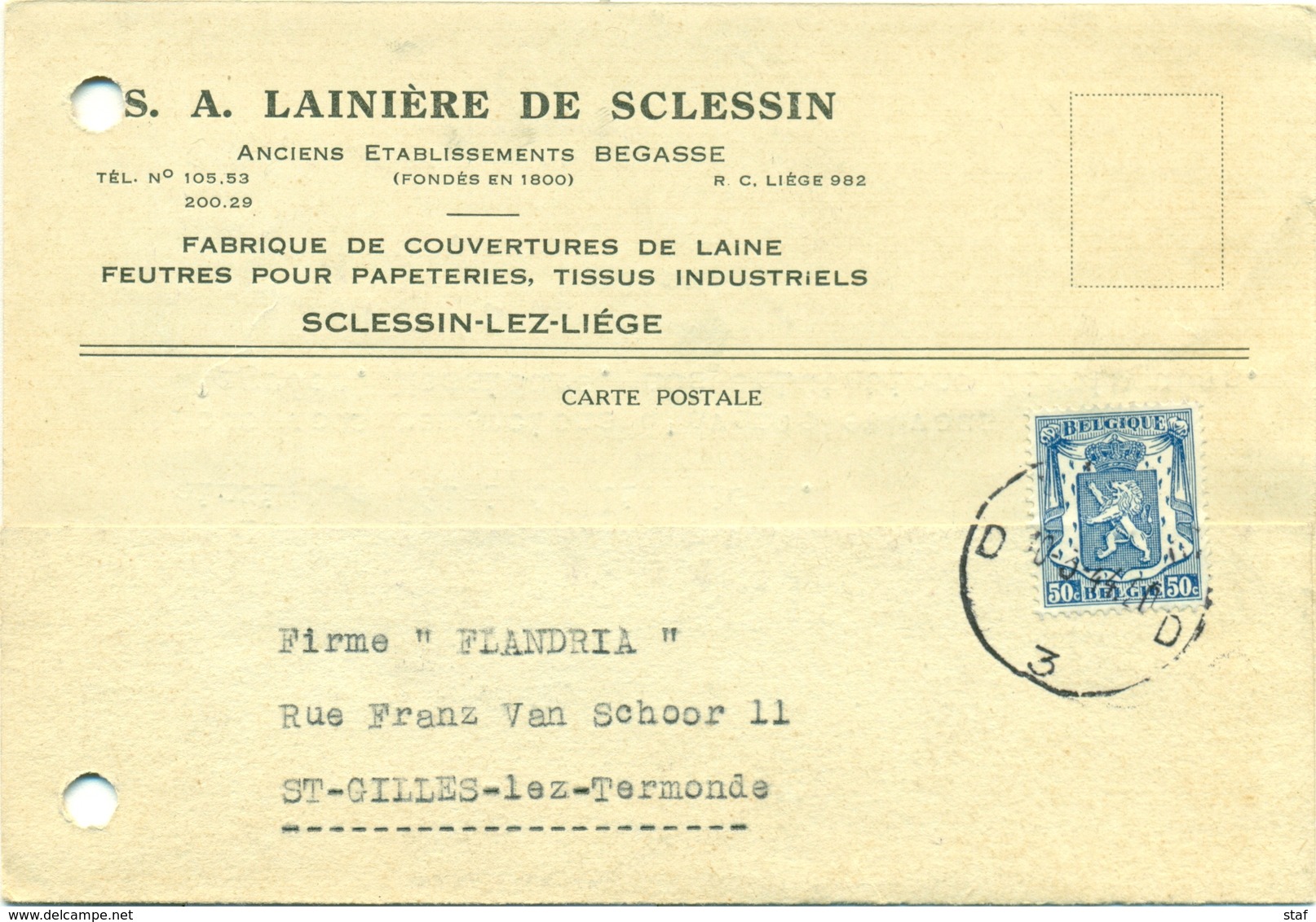 SA Lainière De Sclessin, Anc. Ets. Begasse - 1944 - Fabrique De Couvertures De Laine, Feutres Pour Papeteries, Tissus - Vestiario & Tessile