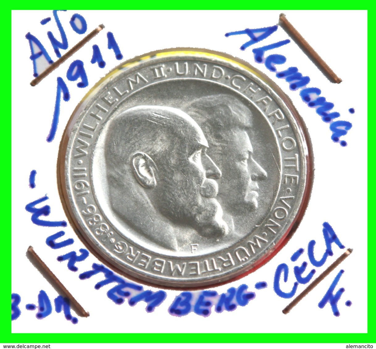 WUERTTEMBERG - WILHELM II UND CHARLOTTE VON WUERTTEMBERG-DREI MARK - AÑO 1911- CECA-F - 2, 3 & 5 Mark Argent