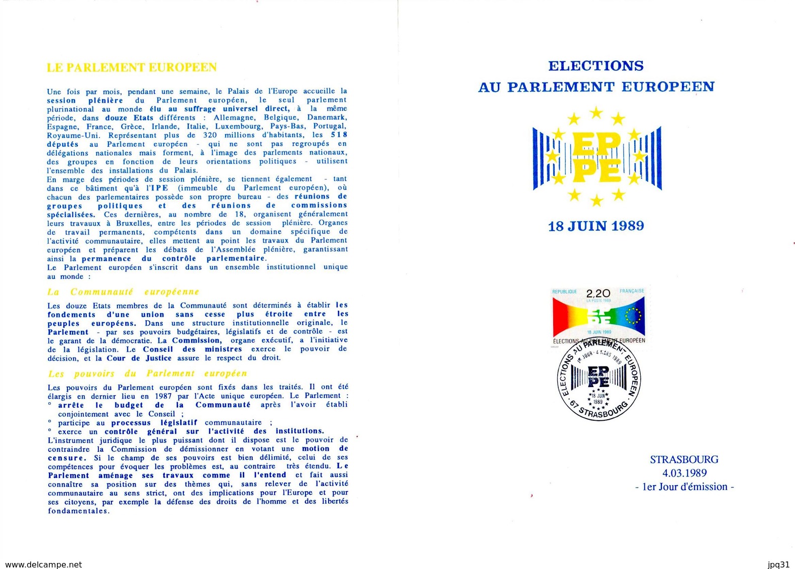 Encart 1er Jour Timbre Elections Au Parlement Européen - Strasbourg 4/03/89 - Institutions Européennes