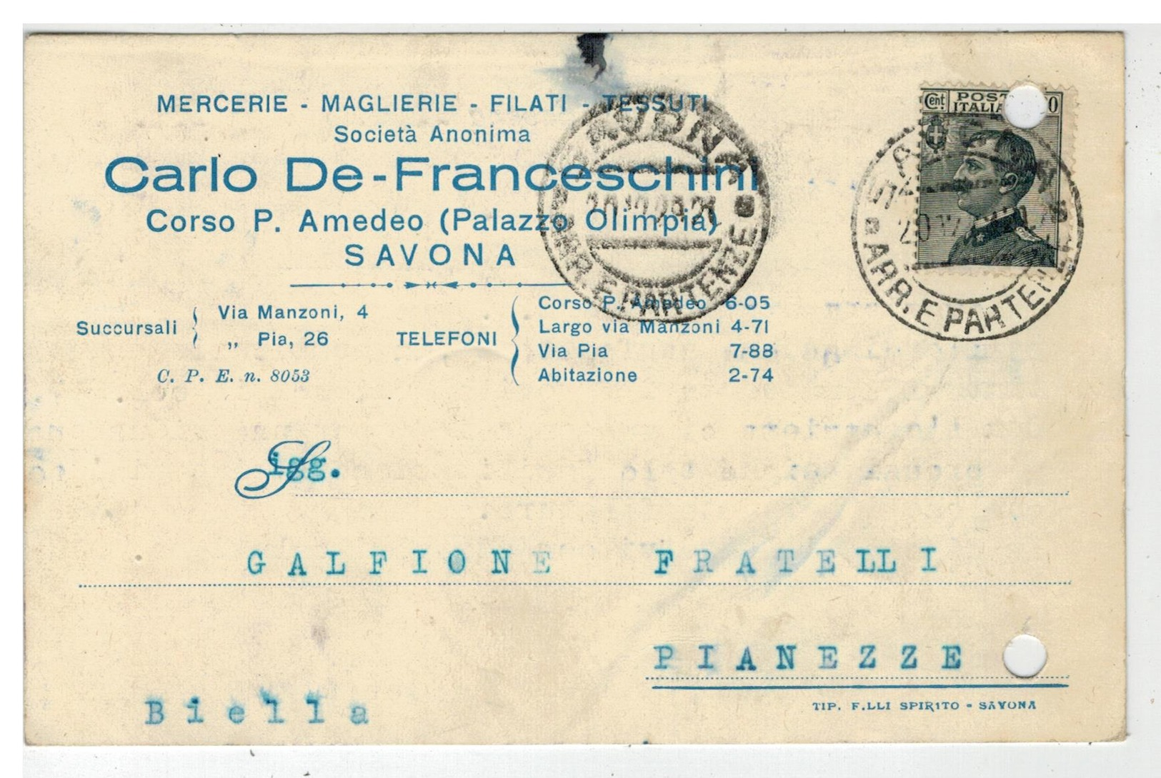 Cartolina Commerciale Savona - Telerie Mercerie Maglierie Filati Carlo De Franceschini - Savona