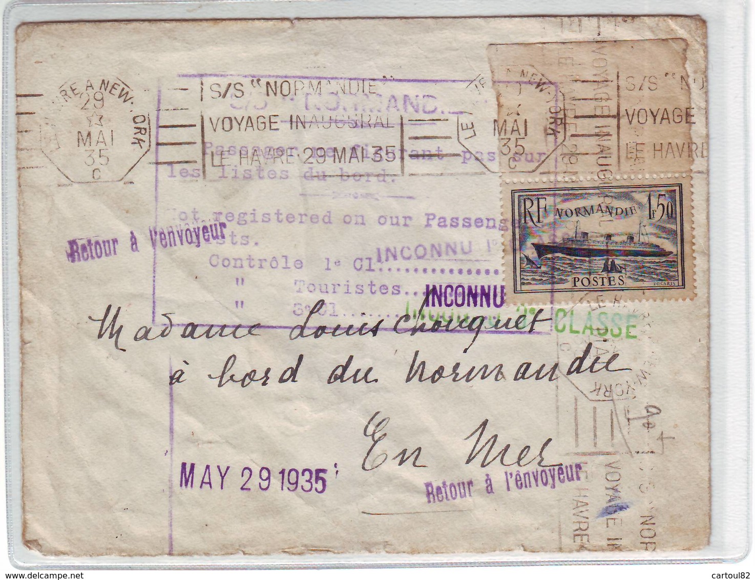 129A Lettre Le Normandie 1er Voyage Le Havre New York 1935 Très Bon état - Maritime