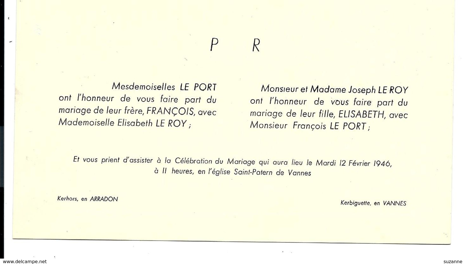 FAIRE-PART MARIAGE à VANNES - Familles LE PORT De Kerhors En ARRADON Et LE ROY De Kerbiguette - 1946 - Mariage