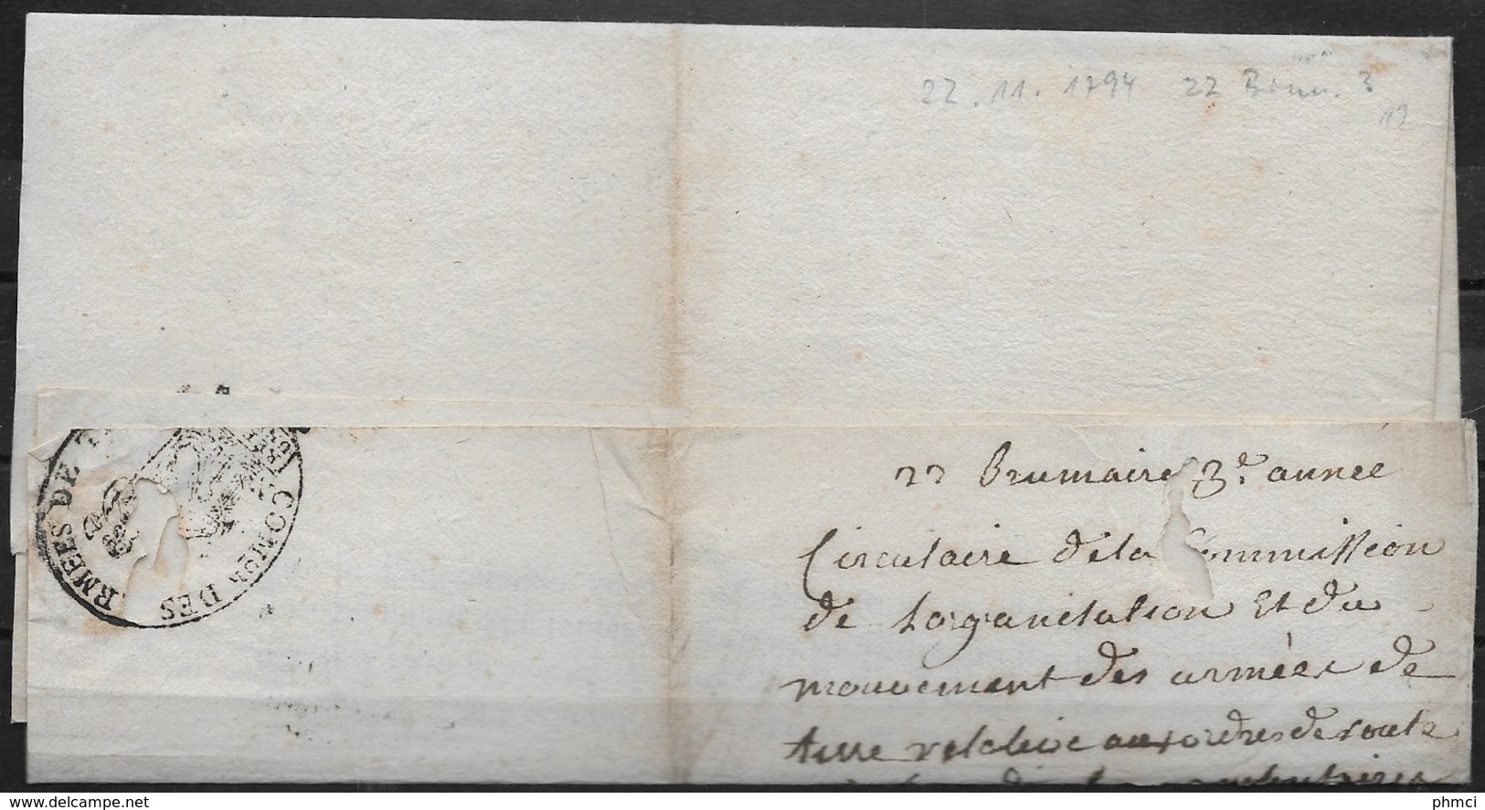 Lettre Du 22 Brumaire De L'an 3 De La Commission De L'Organisation Et Du Mouvement Des Armées De Terre Pour Tanargue - Marques D'armée (avant 1900)