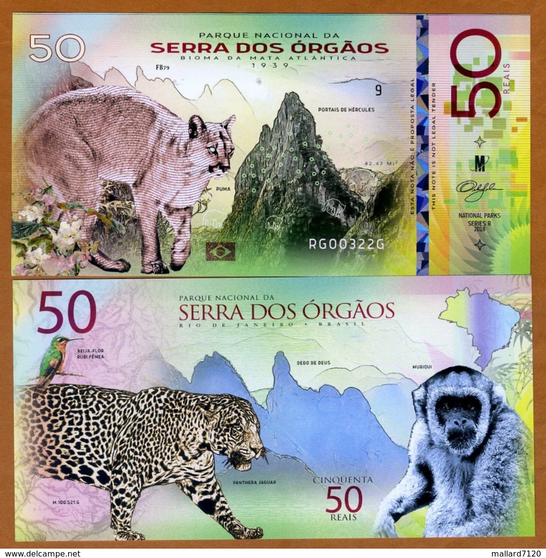 Brazil, Serra Dos Órgãos National Park, 50 Reais, Polymer, 2018 - Jaguar, Monkey - Autres & Non Classés