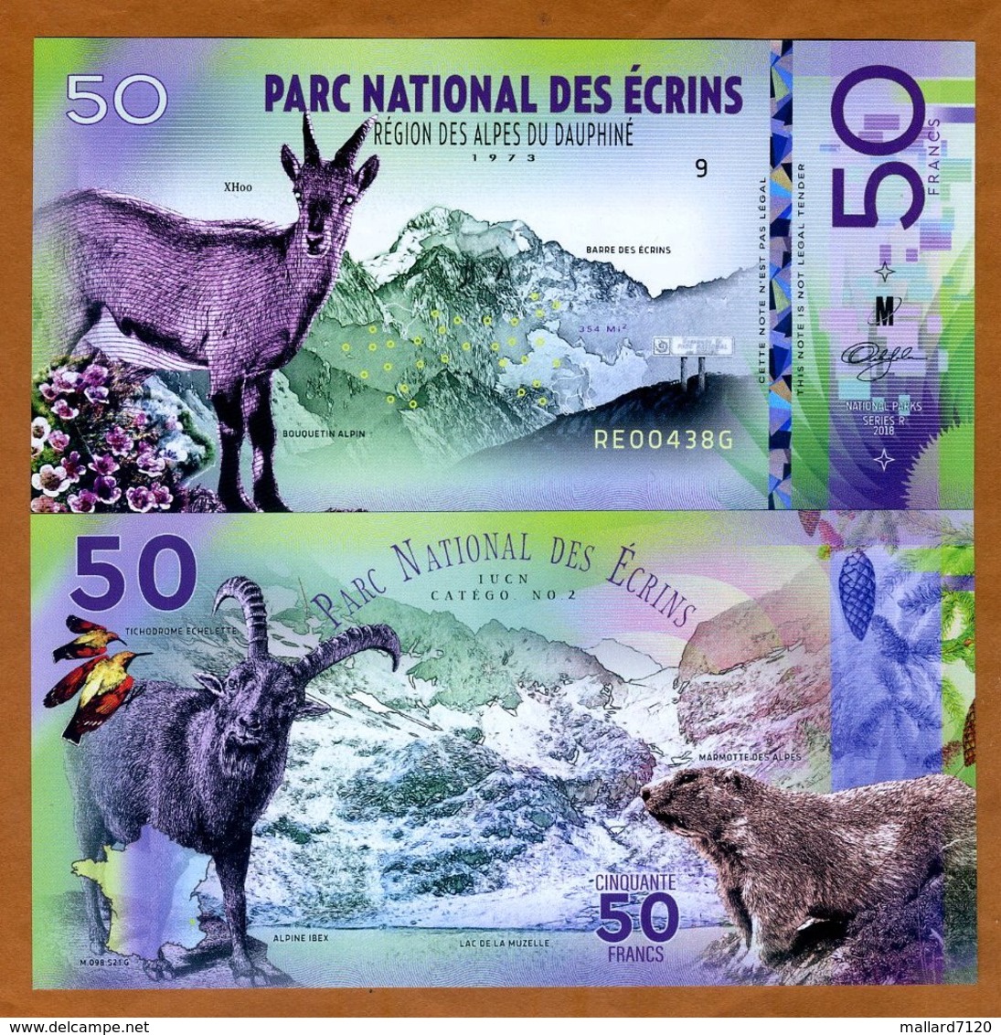 France, Écrins National Park, 50 Francs, Polymer, 2018 - Alpine Ibex, Marmot - Autres & Non Classés