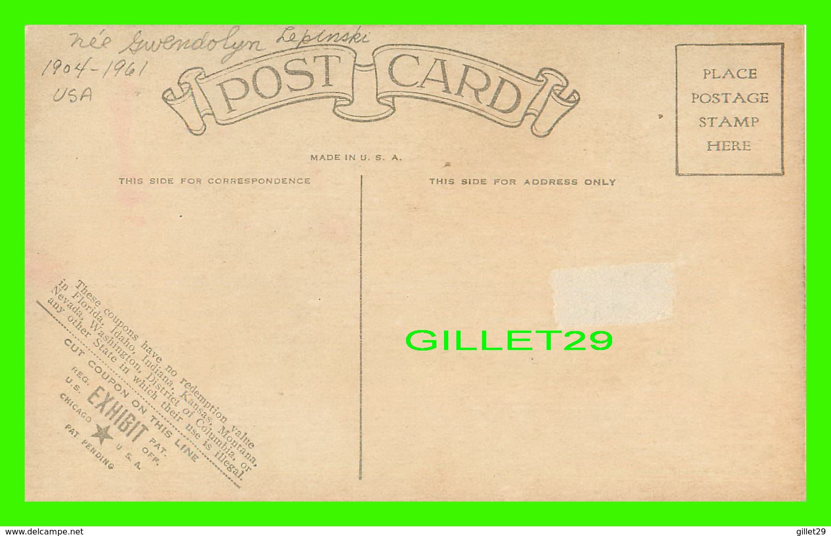 ACTRICES - GWEN LEE, 1904-1961 - EX. SUP. CO. CHICAGO, 1928 - CUT COUPON EXHIBIT - - Acteurs